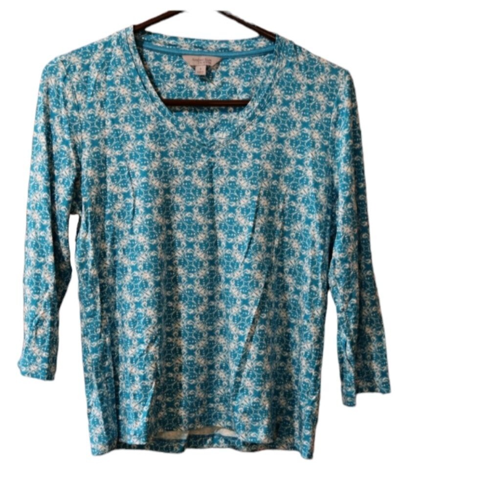 Amber Sun Blue & White Print 3/4 Sleeve Top Small Vintage 90s